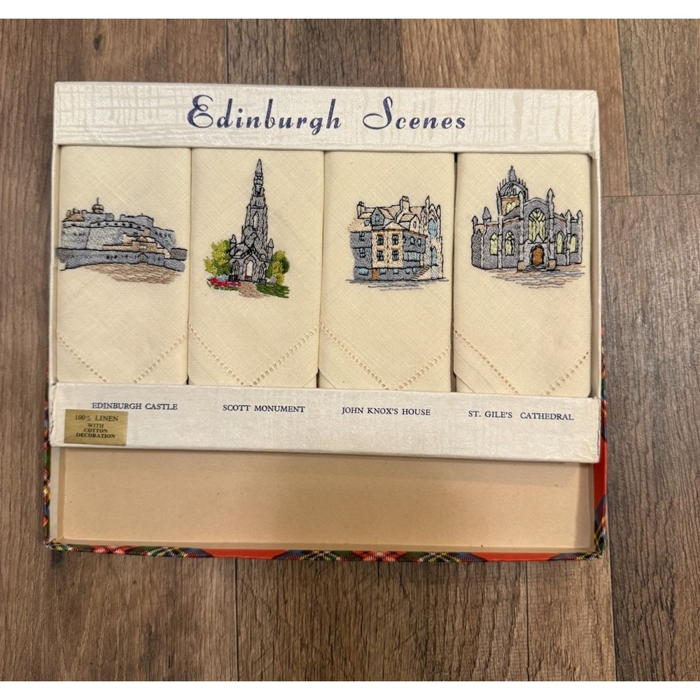 Vintage Set of 4 Edinburgh Souvenir Tea Towel 100% Linen NIB